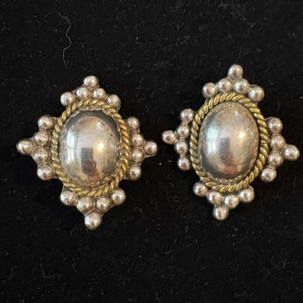 Vintage Mexico Mixed Metal Beaded Clip On Earrings Sterling Silver Statement